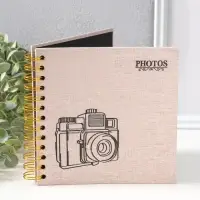 Фотоальбом 20 листов на спирали "Фотоаппарат. Беж" текстиль, чёрный картон 17,5х17,5 см