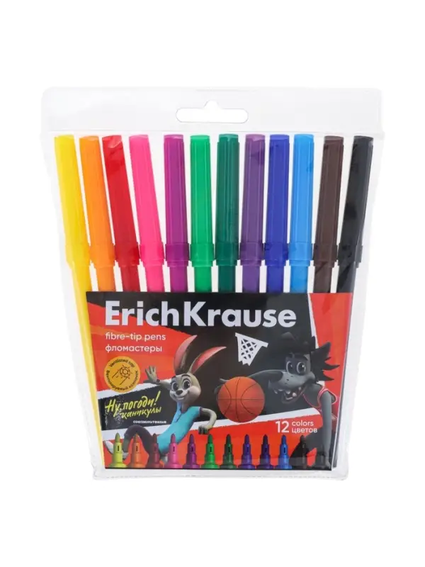 Фломастеры ErichKrause &laquo;Ну, Погоди! Каникулы&raquo;, 12 цветов, на водной основе, яркие цвета, вентилируемый колпачок