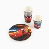 Посуда одноразовая бумажная на 10 персон: стаканы, тарелки, скатерть, Машинки