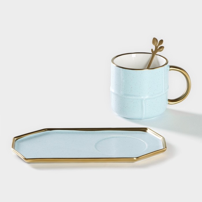 Чайная пара с ложкой «Весна», кружка 300 мл, 11,5×8×8 см, блюдце 19,5×10,5 см, керамика, цвет голубой