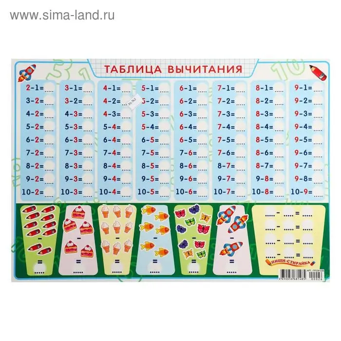Плакат пиши-стирай А3 "Таблица вычитания"