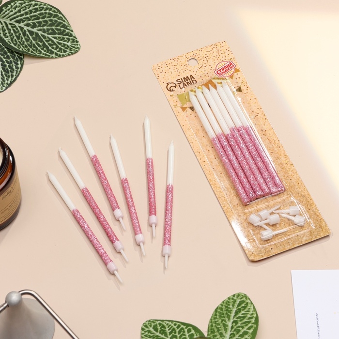 Свечи для торта Свечи для торта "Блестящее сияние", 6 шт, белые с розовым