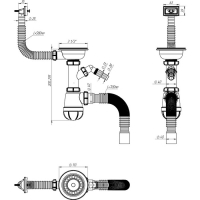 Сифон для мойки Aquant, 3 1/2" х 40 мм, отвод стир. маш., перелив, гиб. труба 40х40/50 мм