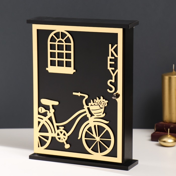 Ключница дерево Ключница дерево "Велосипед с корзинкой с цветами" чёрная, зеркальная 6х22,3х29,5 см