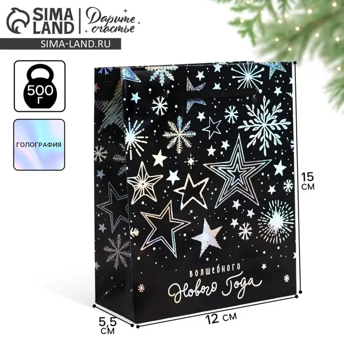 Пакет подарочный голографический новогодний &laquo;Волшебного Нового года&raquo;, S 12&times;15&times;5.5 см