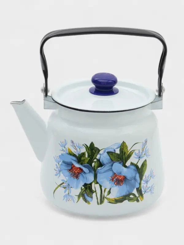 Чайник &laquo;Цветы синие&raquo;, 3.5 л, эмалированная сталь, белый