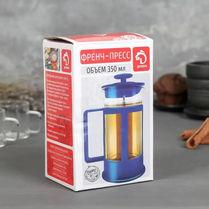 Чайник заварочный френч - пресс Доляна «Классика», 350 мл, стекло, цвет синий Чайник заварочный френч - пресс Доляна «Классика», 350 мл, стекло, цвет синий