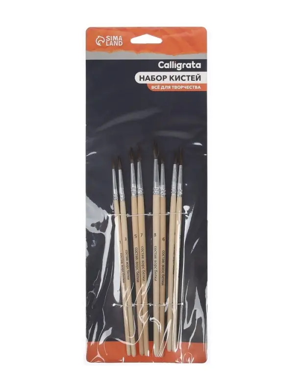 Набор кистей для рисования, белка, 8 штук: № 1, 2, 3, 4, 5, 6, 7, 8, круглые, деревянная ручка, международный размер
