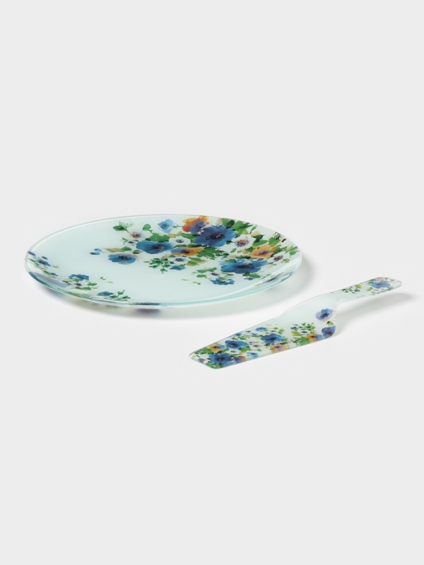 Тортовница с лопаткой Доляна «Букет незабудок», 2 предмета: блюдо d=30 см, лопатка 26,5×7×2 см, стекло, рисунок Тортовница с лопаткой Доляна «Букет незабудок», 2 предмета: блюдо d=30 см, лопатка 26,5×7×2 см, стекло, рисунок