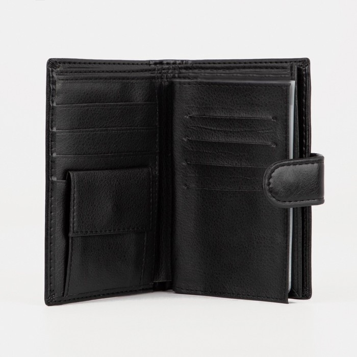 Портмоне мужское на кнопке, 3 в 1, для автодокументов и паспорта, 2 отдела, для карт, для монет, цвет чёрный Портмоне мужское на кнопке, 3 в 1, для автодокументов и паспорта, 2 отдела, для карт, для монет, цвет чёрный