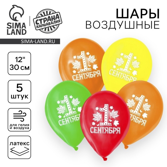 Воздушные шары латексные 12 С 1 сентября, ребята Воздушные шары латексные 12 С 1 сентября, ребята", миксы, 5 шт.