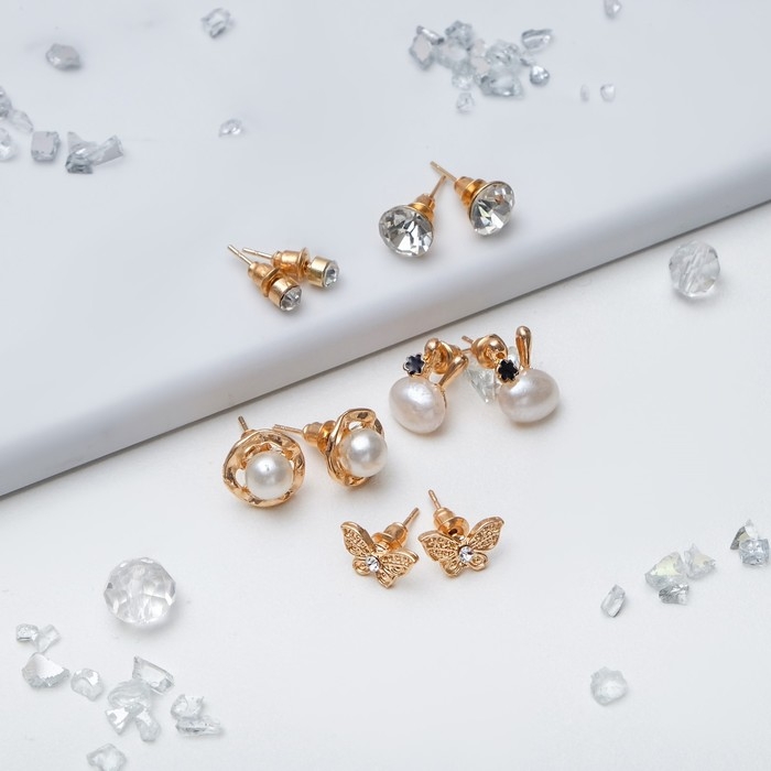 Пусеты 5 пар «Ассорти» зайчик, цвет белый в золоте Пусеты 5 пар «Ассорти» зайчик, цвет белый в золоте