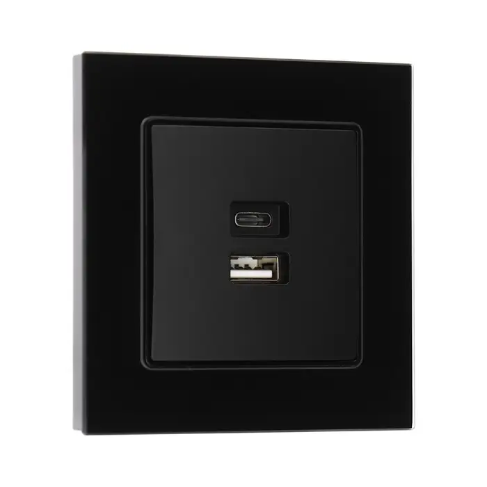 Розетка TOT Glossy Glass, 5 В, 2.1 A, разъёмы USB-A + USB-C, стекло, скрытая, чёрная