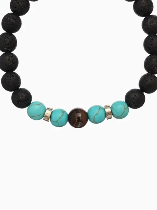 Браслет "Вулкан" камень пирит, лава, длина 18 см, цв. чёрный, бирюзовый