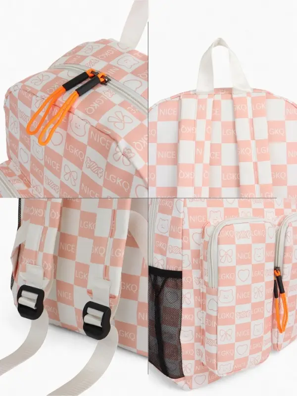 Рюкзак школьный на молнии, с карманами, в клетку, размер 30&times;14&times;43 см, розовый