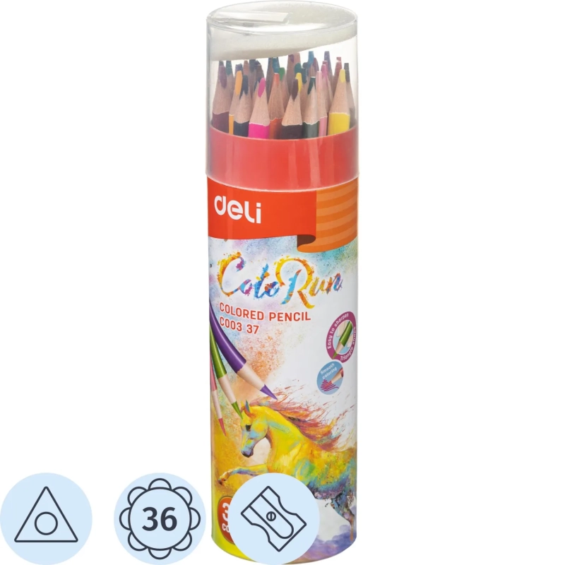 Карандаши цветные Deli EC00337 ColoRun 3-гран. 36цв/наб. точилка карт.тубус