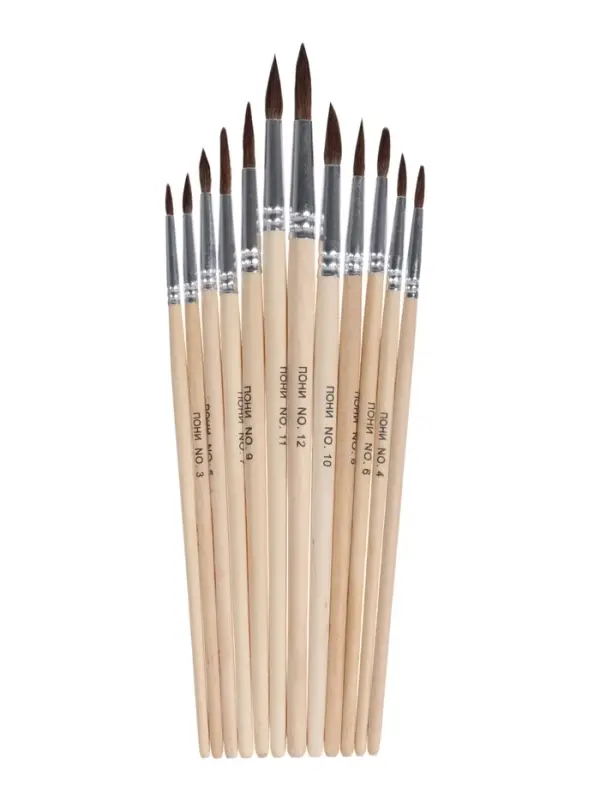 Набор кистей для рисования, пони, 12 штук: № 1, 2, 3, 4, 5, 6, 7, 8, 9, 10, 11, 12, круглые, деревянная ручка, международный размер