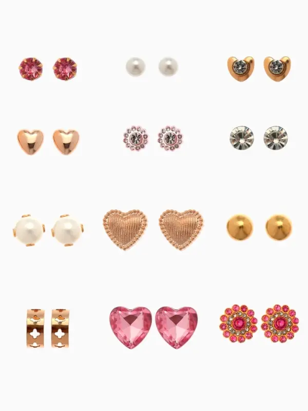 Серьги пусеты 12 пар &laquo;Фантазия&raquo;, сердца, бело-розовый в золоте