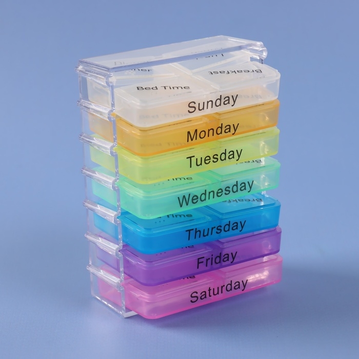 Таблетница-органайзер «Неделька», английские буквы, утро/день/вечер/ночь, 10 × 7,5 × 4 см, 7 контейнеров по 4 секции, разноцветный Таблетница-органайзер «Неделька», английские буквы, утро/день/вечер/ночь, 10 × 7,5 × 4 см, 7 контейнеров по 4 секции, разноцветный