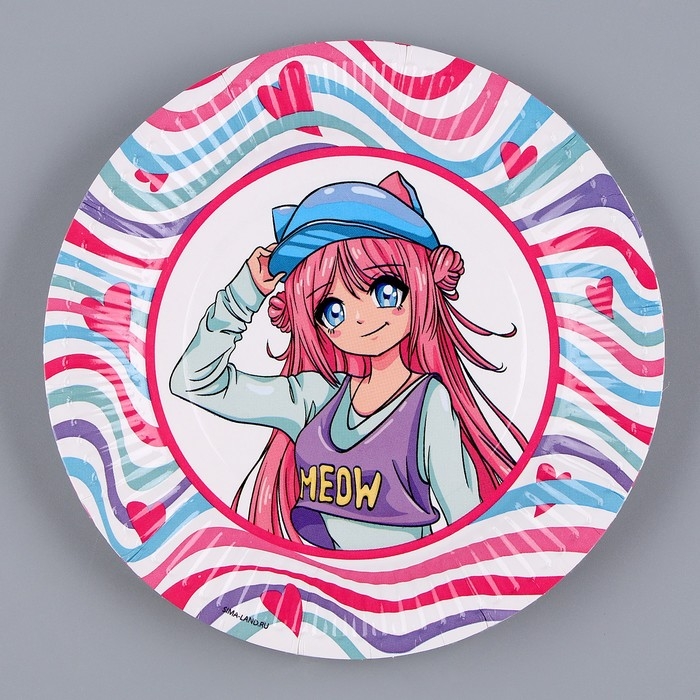 Набор бумажной посуды одноразовый Аниме&raquo;, фуксия: 6 тарелок, 1 гирлянда, 6 стаканов, 6 колпаков