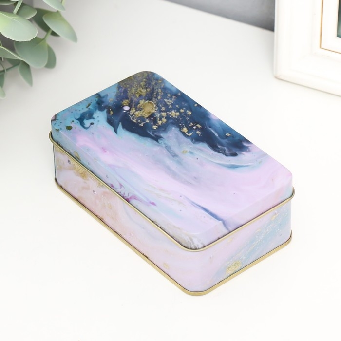 Шкатулка металл прямоугольная "Цветной мрамор с золотыми трещинками" МИКС 6,5х3,8х11,5 см