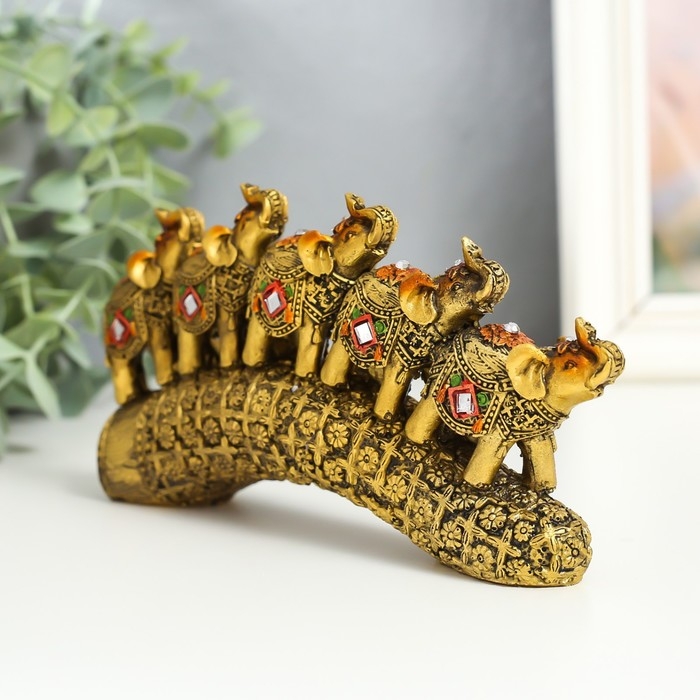Сувенир полистоун Сувенир полистоун "Пять слонов на бивне с цветами" бронза 17х4х8 см