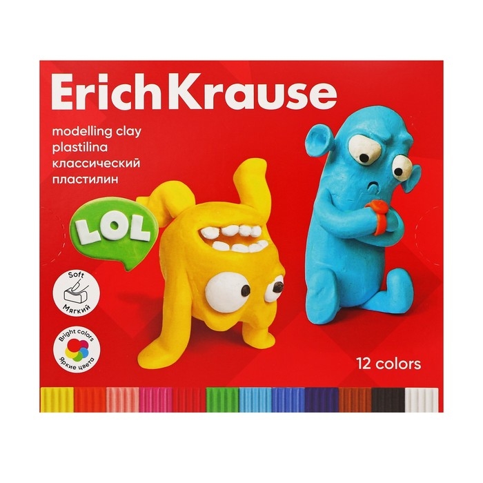 Пластилин 12 цветов, 216 г, ErichKrause Пластилин 12 цветов, 216 г, ErichKrause "Jolly Friends", со стеком, в картонной упаковке