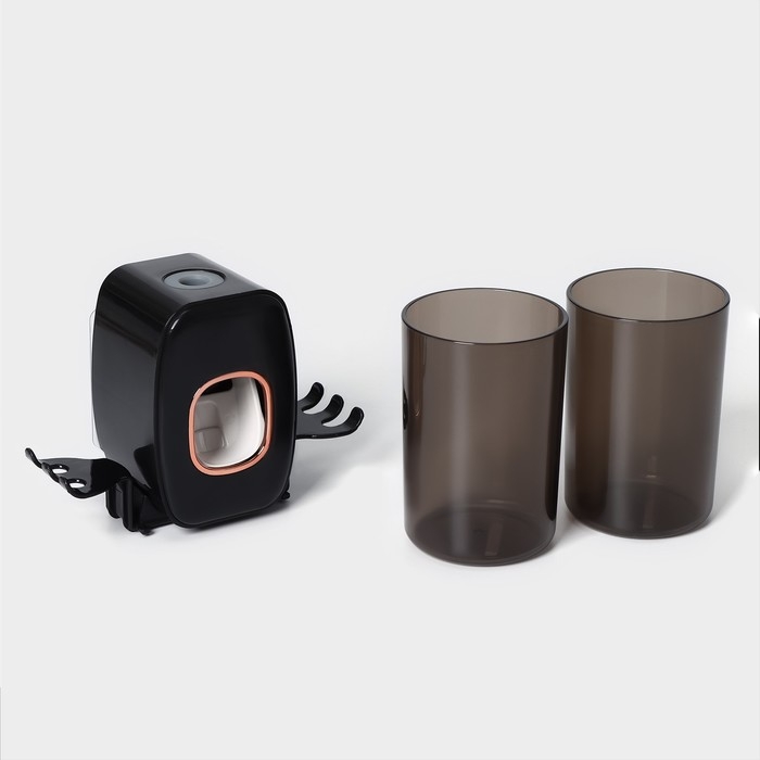 Держатель для зубных щёток с выдавливателем для зубной пасты, стакан 2 шт, 20×10,2×6,2 см, цвет чёрный