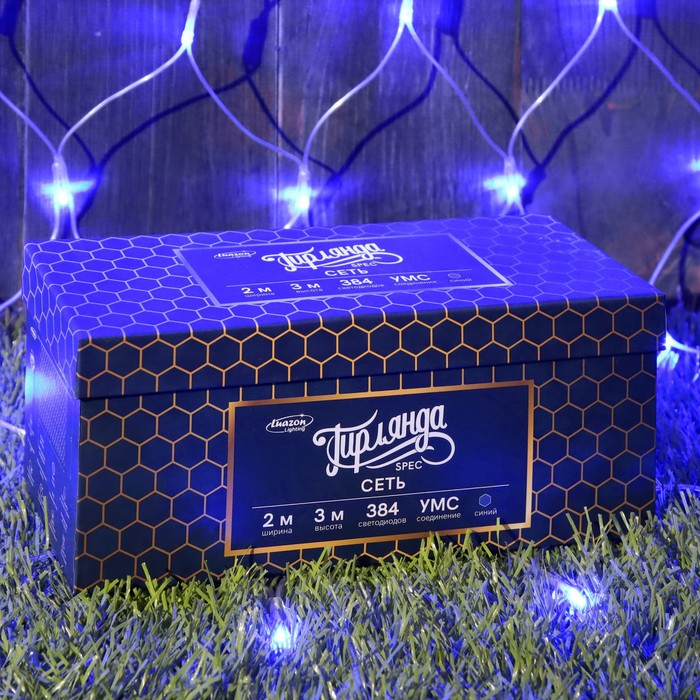 Гирлянда «Сеть» 2 × 3 м, IP44, УМС, прозрачная нить, 384 LED, свечение синее, 220 В