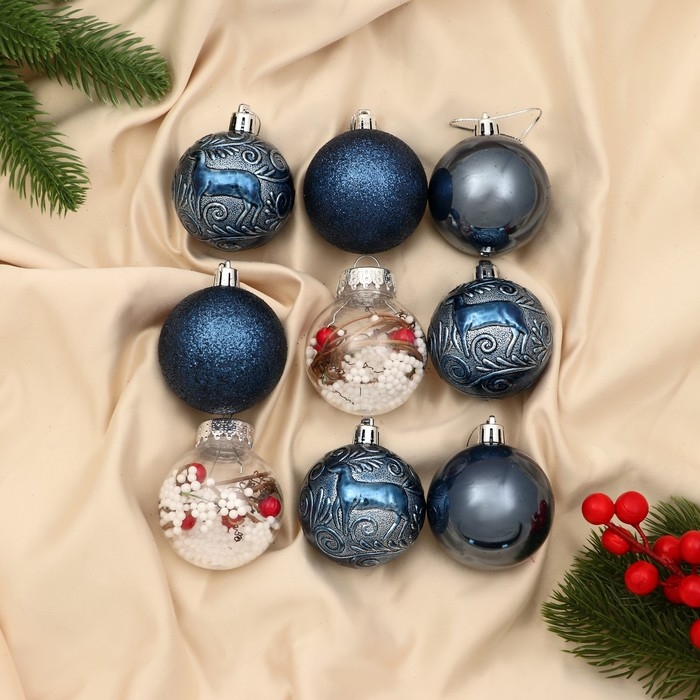 Набор шаров пластик d-6 см, 9 шт Набор шаров пластик d-6 см, 9 шт "Мелодия" веточки блеск узор, синий