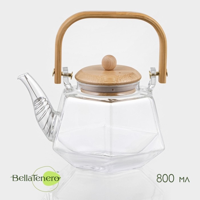 Чайник заварочный стеклянный с бамбуковой крышкой и металлическим фильтром BellaTenero «Октогон», 800 мл Чайник заварочный стеклянный с бамбуковой крышкой и металлическим фильтром BellaTenero «Октогон», 800 мл