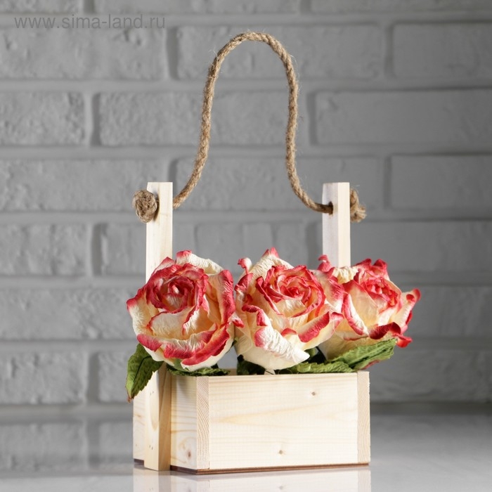 Кашпо деревянное 15×12×25 см  Кашпо деревянное 15×12×25 см "Ажур", прямоугольное, ручка верёвка, натуральный Дарим Красиво