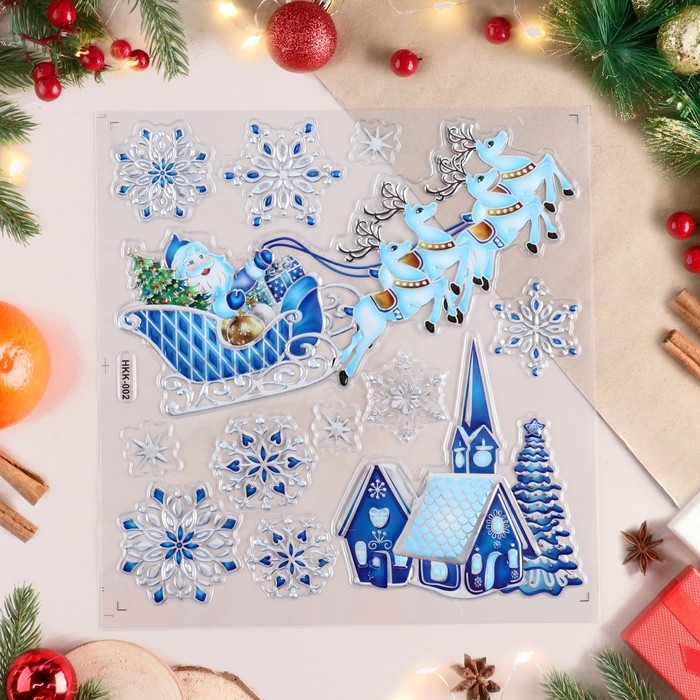 Наклейки на окна Наклейки на окна "Новогодние" деревня, сани, 38х30 см