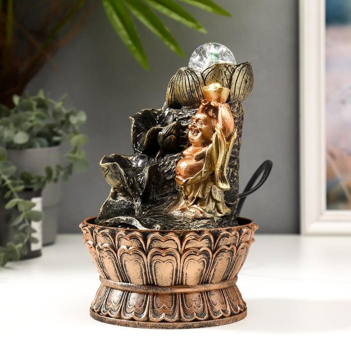 Фонтан настольный от сети, подсветка Фонтан настольный от сети, подсветка "Хотей со слитком золота у фонтана" 22,5х15х15 см