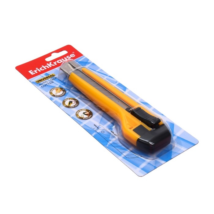 Нож канцелярский 18 мм, Erich Krause Universal, с автоматической системой фиксации лезвия auto-lock и насадкой для безопасного отделения сегмента лезвия, металлические направляющие, 2 лезвия в наборе, блистер Нож канцелярский 18 мм, Erich Krause Universal, с автоматической системой фиксации лезвия auto-lock и насадкой для безопасного отделения сегмента лезвия, металлические направляющие, 2 лезвия в наборе, блистер