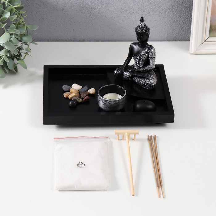 Сад Дзен  Сад Дзен "Будда в серебристом одеянии" песок+аромапалочка+камни 21,7х15,6х14,8 см