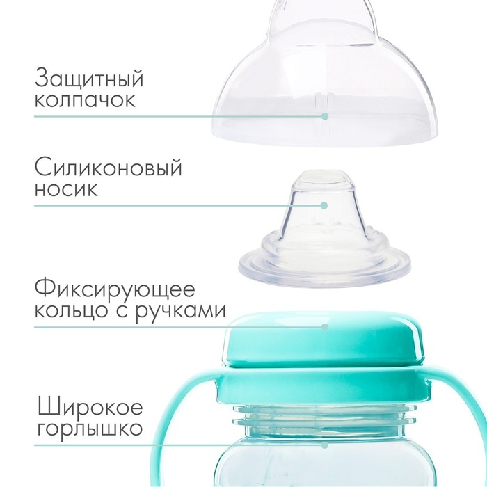 Поильник - непроливайка детский с мягким носиком, 270 мл., с ручками, цвет бирюзовый Поильник - непроливайка детский с мягким носиком, 270 мл., с ручками, цвет бирюзовый