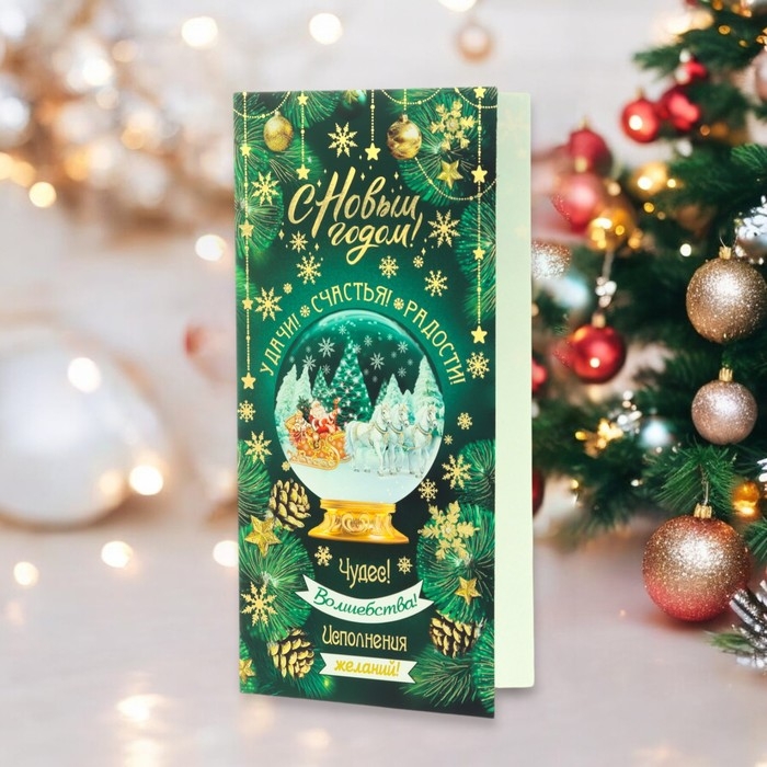Открытка-евро Открытка-евро "С Новым Годом!" конгрев, тиснение, шишки, 11 х 21,5 см