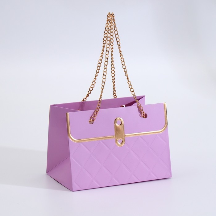 Пакет для цветов, ручка цепь,  Пакет для цветов, ручка цепь, "Сиреневый", с золотым тиснением, 15 х 10,5 х 10 см
