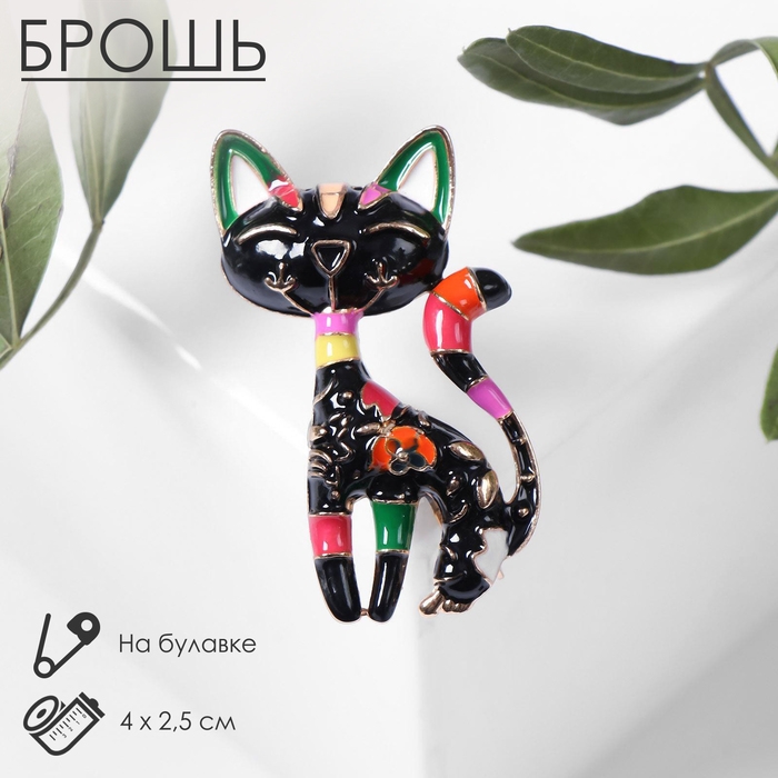 Брошь «Кошка» расписная, цвет чёрный в золоте Брошь «Кошка» расписная, цвет чёрный в золоте