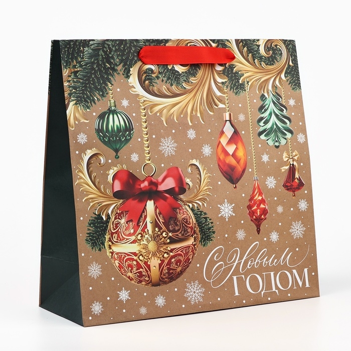 Пакет подарочный новогодний крафтовый квадратный «Новогодние игрушки», 30 х 30 х 12 см, Новый год Пакет подарочный новогодний крафтовый квадратный «Новогодние игрушки», 30 х 30 х 12 см, Новый год
