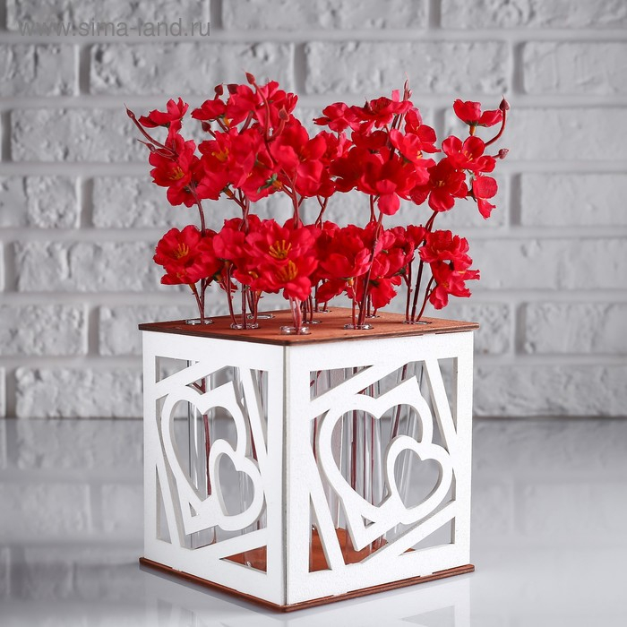 Кашпо деревянное 15×15×15 см с 9 колбами  Кашпо деревянное 15×15×15 см с 9 колбами "Два сердца", морёный белый Дарим Красиво