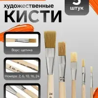 Набор кистей для рисования, щетина, 5 штук: №: 2, 6, 10, 16, 24, Calligrata, плоские, деревянная ручка, в пакете