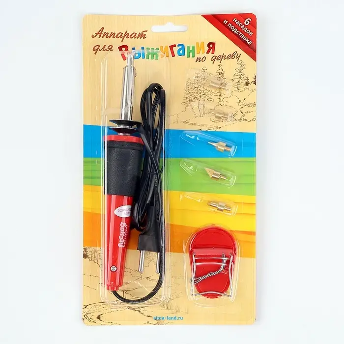 Выжигательный аппарат по дереву, набор: 6 насадок, подставка