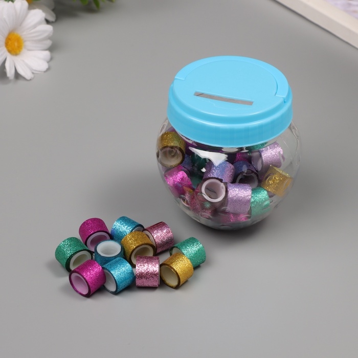 Клейкая лента пластик в банке  Клейкая лента пластик в банке "Шайн. Микс" н-р 40 шт 1,2 см, дл. 0,9 м 7х7х9 см