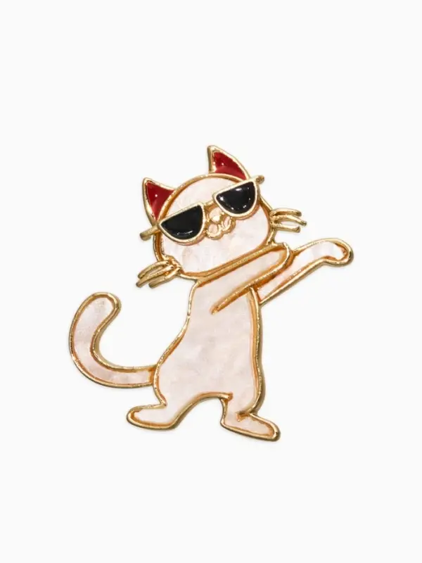 Брошь перламутровый "Котёнок" в очках, цвет белый в золоте