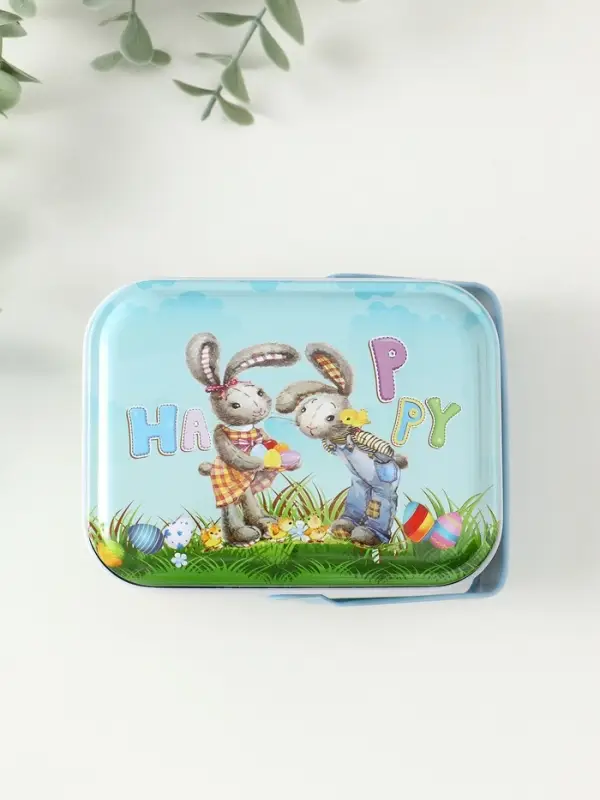 Шкатулка металл с ручкой "Крольчата с яичками" 6х10,5х8 см