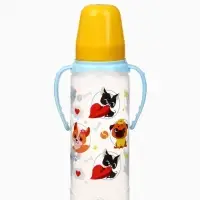 Бутылочка для кормления M&B &laquo;ТРЕНД. Песики&raquo;, классическое горло, с ручками, от 3 мес., 250 мл., цилиндр, голубой