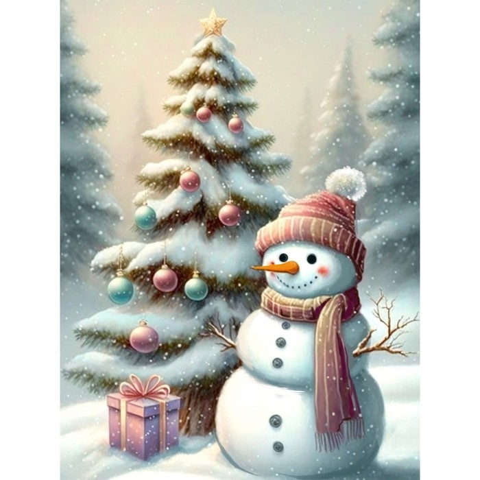 Новогодняя алмазная мозаика с частичным заполнением на холсте «Новый год. Снеговик», 30 х 40 см