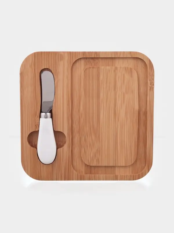 Маслёнка, 19&times;18&times;9.5 см, с ножом, на бамбуковой подставке, стекло, прозрачная